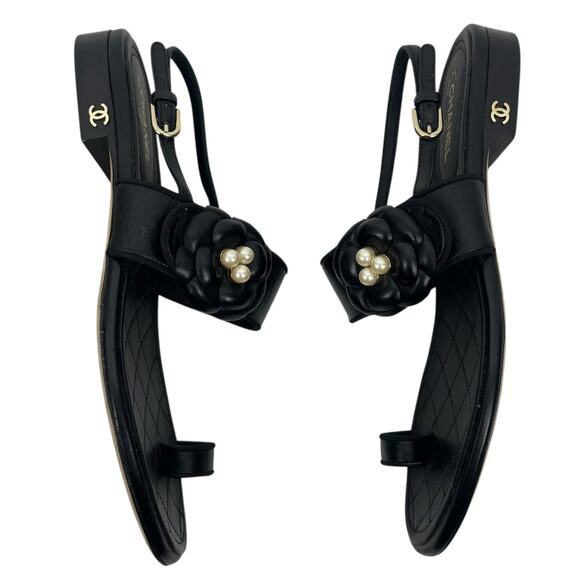 Chanel Camellia Pearl Logo Toe Ring Slingback Flat Sandal Black Size 37.5 - Picture 6 of 13